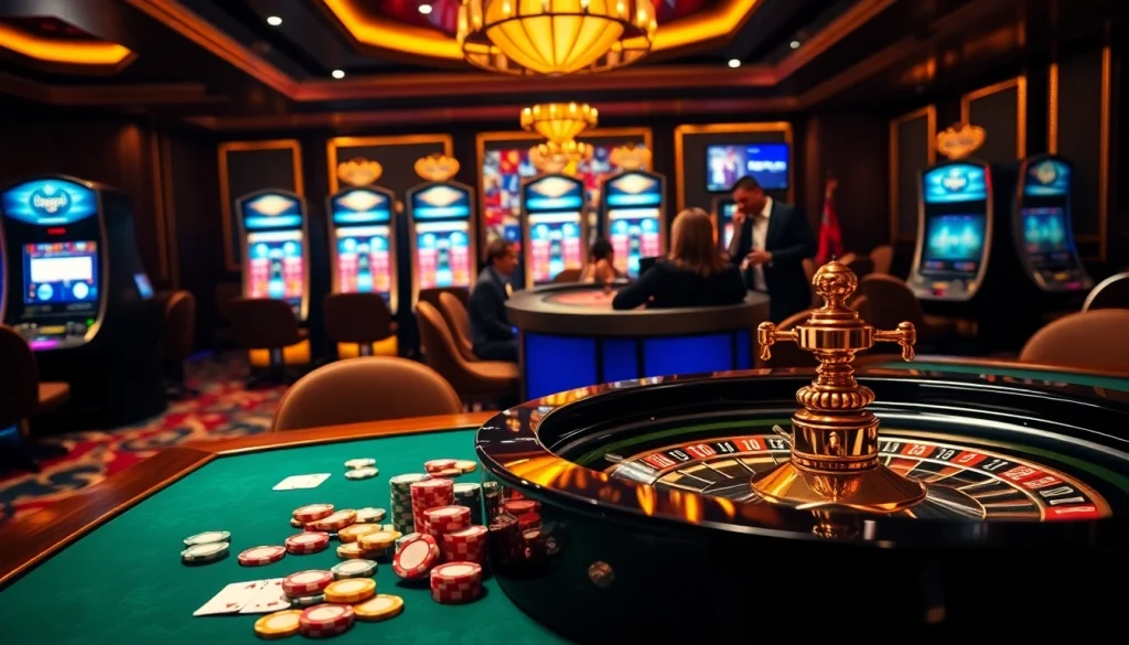 Link Vào QH88 with an engaging casino table featuring poker chips and a roulette wheel.