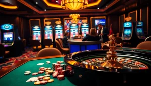 Link Vào QH88 with an engaging casino table featuring poker chips and a roulette wheel.