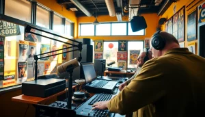 Engaging scene at hometownstation.com with DJs in a lively radio station studio.