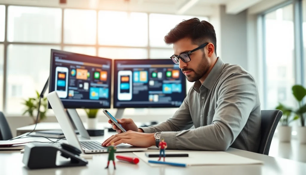 Developers create innovative mobile apps in a vibrant office setting, showcasing modern technology.