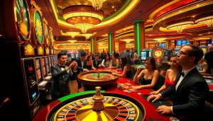Players enjoying the thrill of winning at obraltoto slots and table games in a luxurious casino.