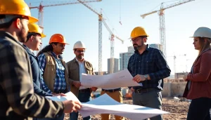 Team of professionals in the construction association denver discussing safety protocols and plans.