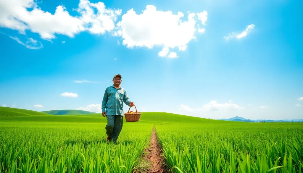 Petani toto yang menunjukkan petani dengan hasil panen di ladangnya yang subur.
