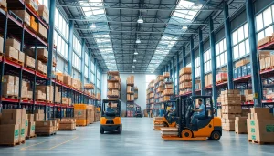 Showcasing warehousing process with organized goods and logistics in an efficient warehouse environment.