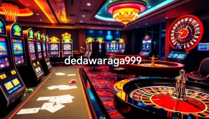 Antarmuka kasino online yang menarik yang menampilkan login Dewanaga89 dengan mesin slot dan aksi permainan.