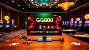 Experience high stakes with GG888 in a vibrant online gambling scene featuring casino tables and slot machines.