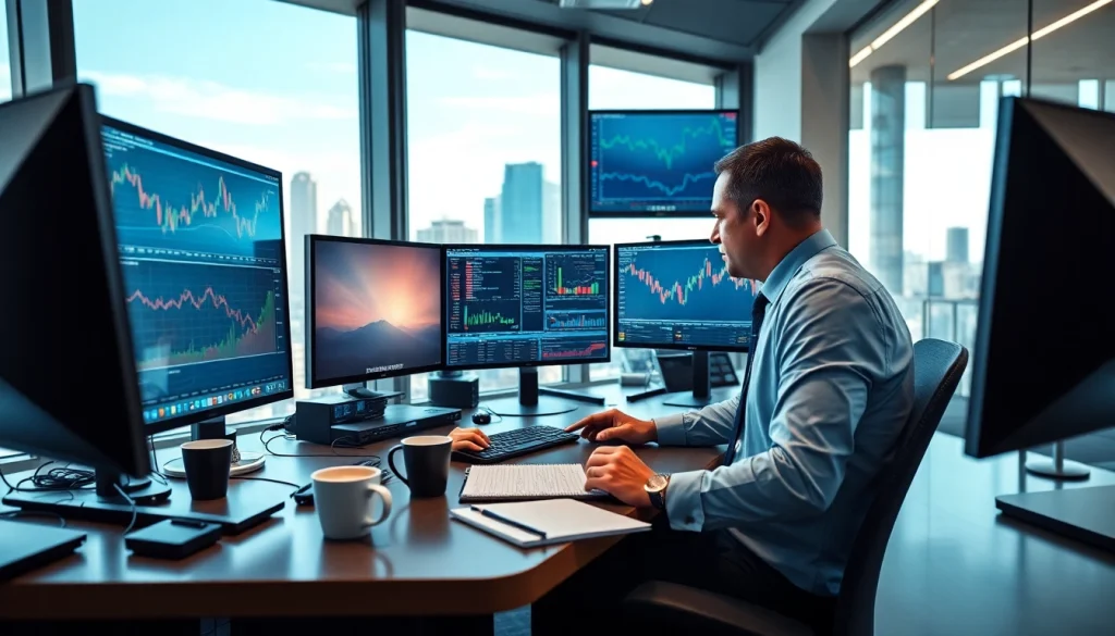 Engaged trader using hotforex mt4 on multiple screens for live financial analysis.