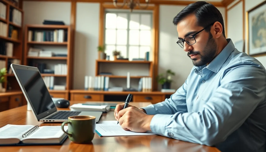 Traducteur assermenté arabe professionnel travaillant consciencieusement sur un document juridique dans un bureau élégant.