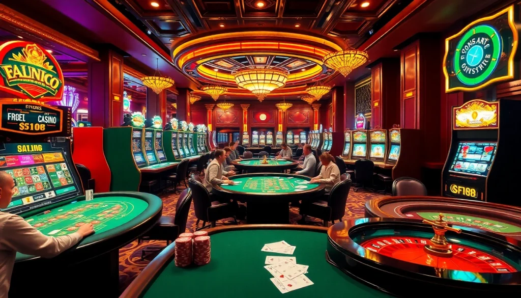 A vibrant casino scene showcasing F168's excitement with players at poker tables and colorful slot machines.