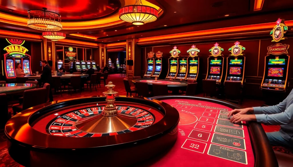 Experience the thrill of shbet with players engaged in high-stakes gaming at a luxurious casino.