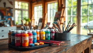 Explore vibrant acrylic supplies at https://acrylicpedia.com, showcasing paint tubes and brushes.