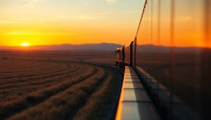 Great Plains rail train navigating through vast golden landscapes under a colorful sunset.