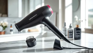 Showcase the laifen swift hair dryer on a modern vanity with elegant hair products.