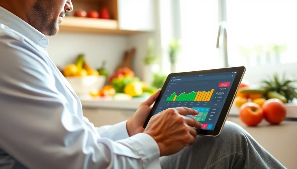 Calculate daily nutritional needs using a calorie calculator with fruits and veggies in the background.