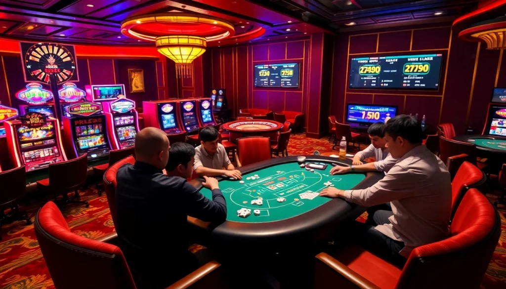 Engaging poker game scene at nhà cái 789p showcasing casino excitement and betting action.