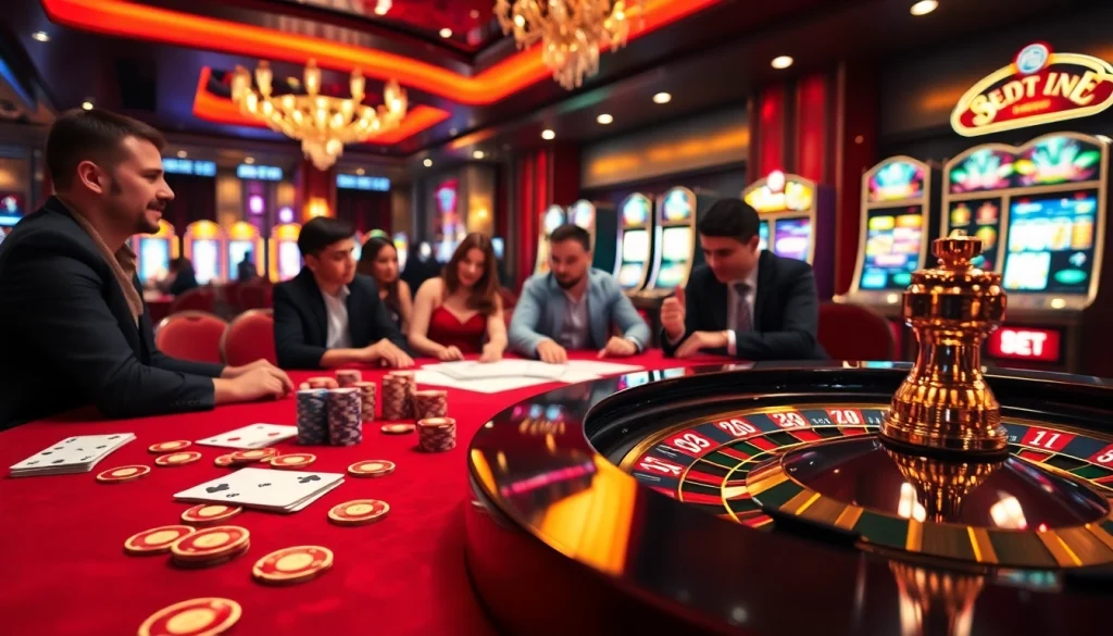 Exciting players engaged at a luxurious 789BET casino table with vibrant cards and poker chips.