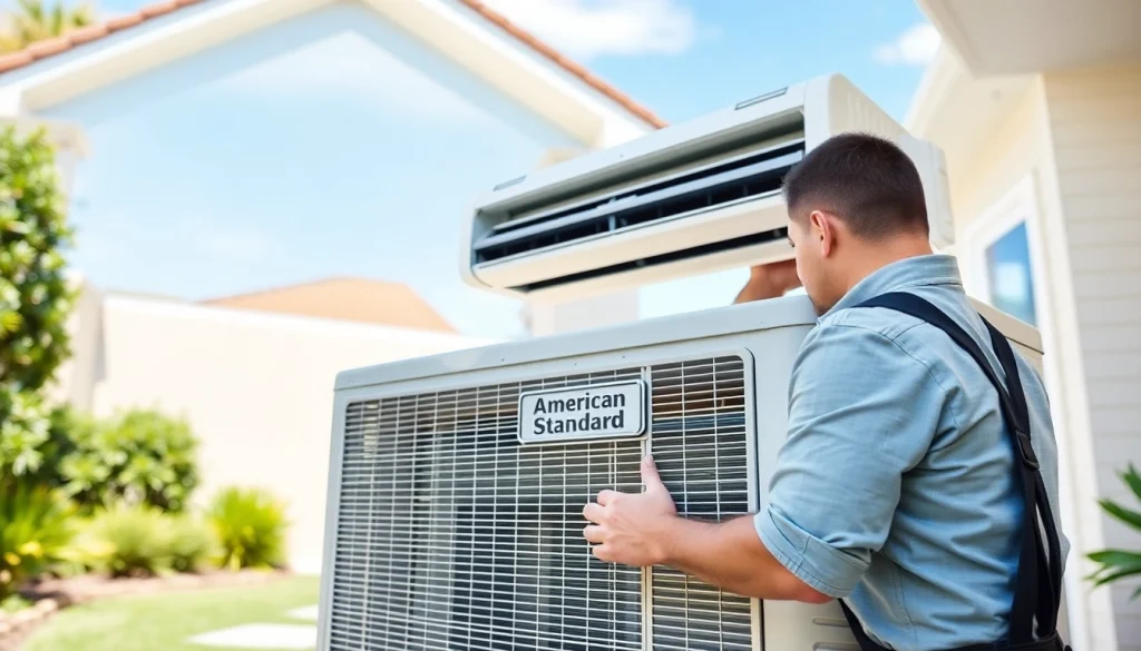 Install an American Standard air conditioner in a modern home setting with a technician at work.