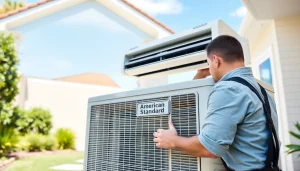 Install an American Standard air conditioner in a modern home setting with a technician at work.