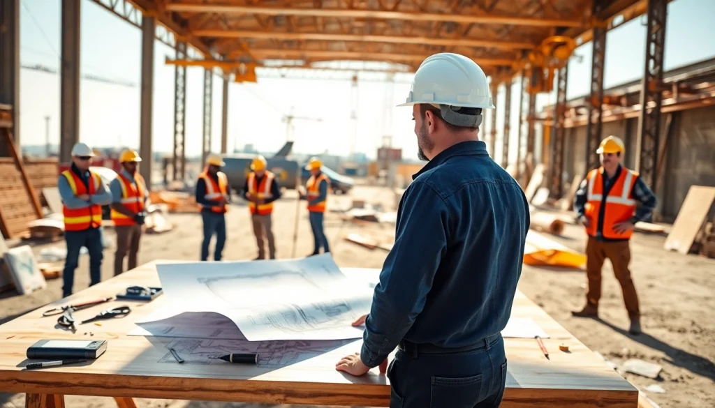 New Jersey General Contractor guiding a team at a bustling construction site with blueprints.
