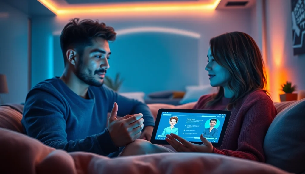 Couple engaging with a warm AI chatbot experience in a cozy setting, showcasing sex AI technology.