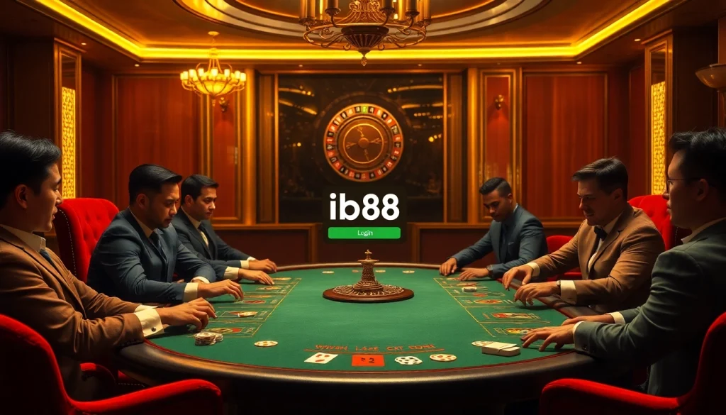 Engaging poker game with players competing on ib88 platform, showcasing chips and cards.