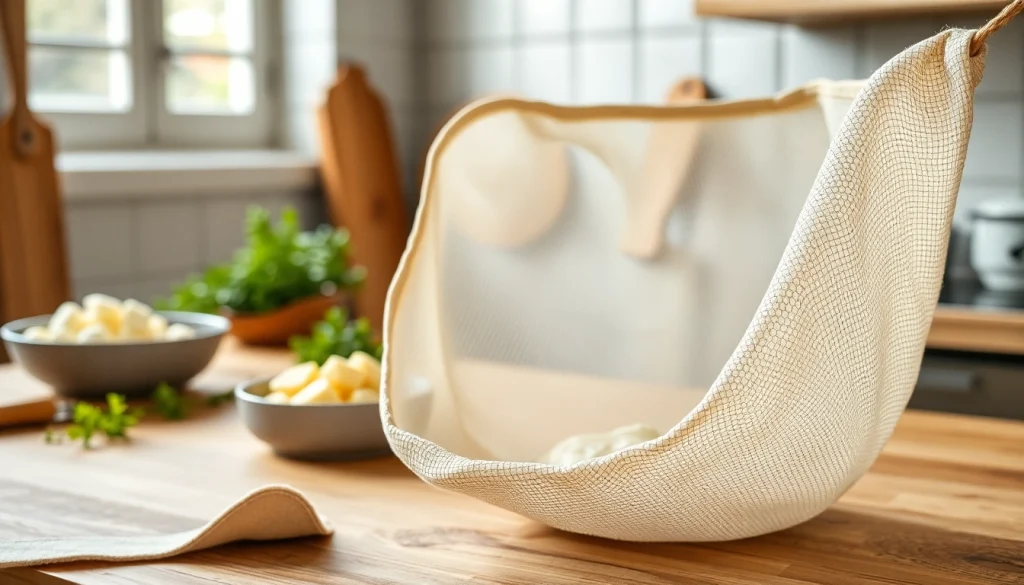 Kaasdoek die vers gemaakte kaas strain in een professionele keukenomgeving.