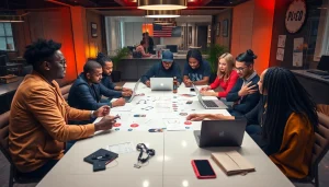 Hip hop publicists strategizing a marketing campaign in a modern office.