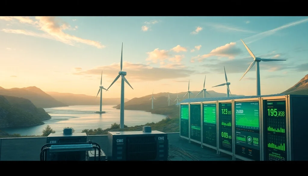 Cloud crypto mining facility powered by renewable energy, showcasing advanced technology and real-time metrics.