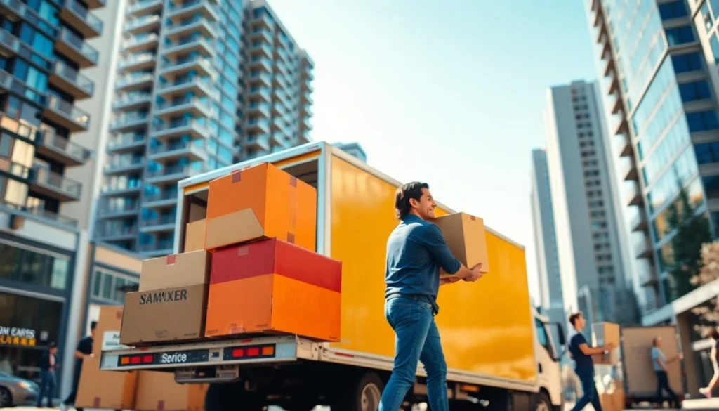 Skilled canadian movers efficiently transporting boxes with a moving truck in the city.