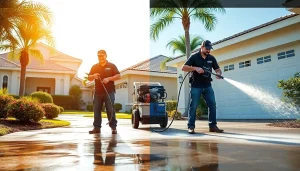 Pressure wash team revitalizing a driveway in Kissimmee, FL, demonstrating professional cleaning services
