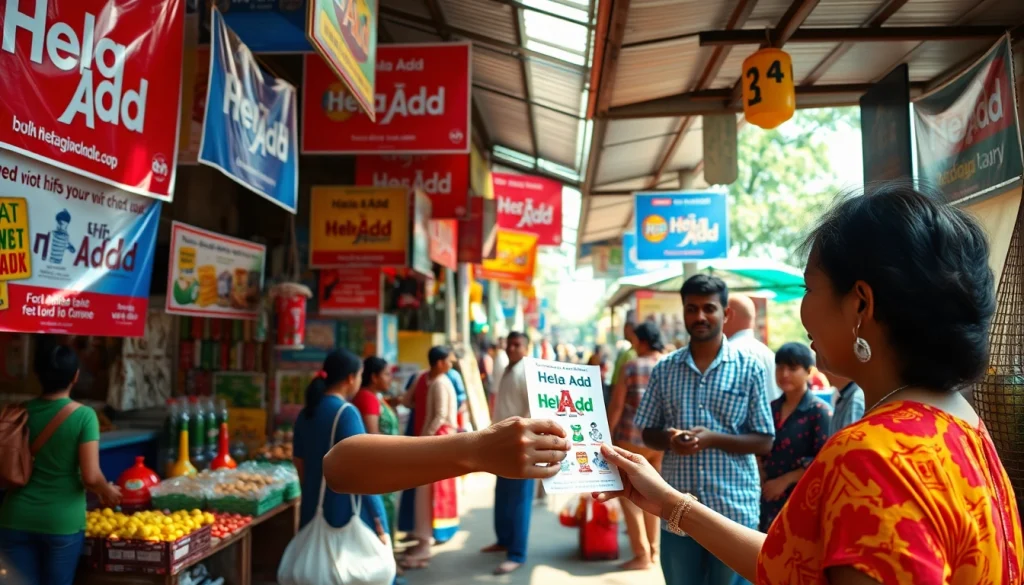 Scene showcasing Hela Add banners in a bustling Sri Lankan marketplace, vibrant and engaging.