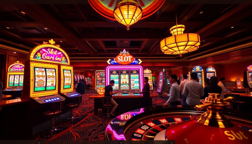 Exciting Slot Gacor Hari ini scene featuring vibrant machines and players engaged in thrilling gameplay.