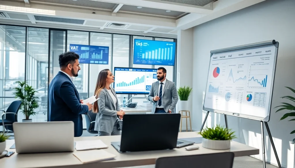 Professional setting showcasing VAT Services in UAE with business discussion and financial data.