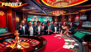 Exciting casino scene illustrating gamblers engaging with F88BET's online gaming platforms.