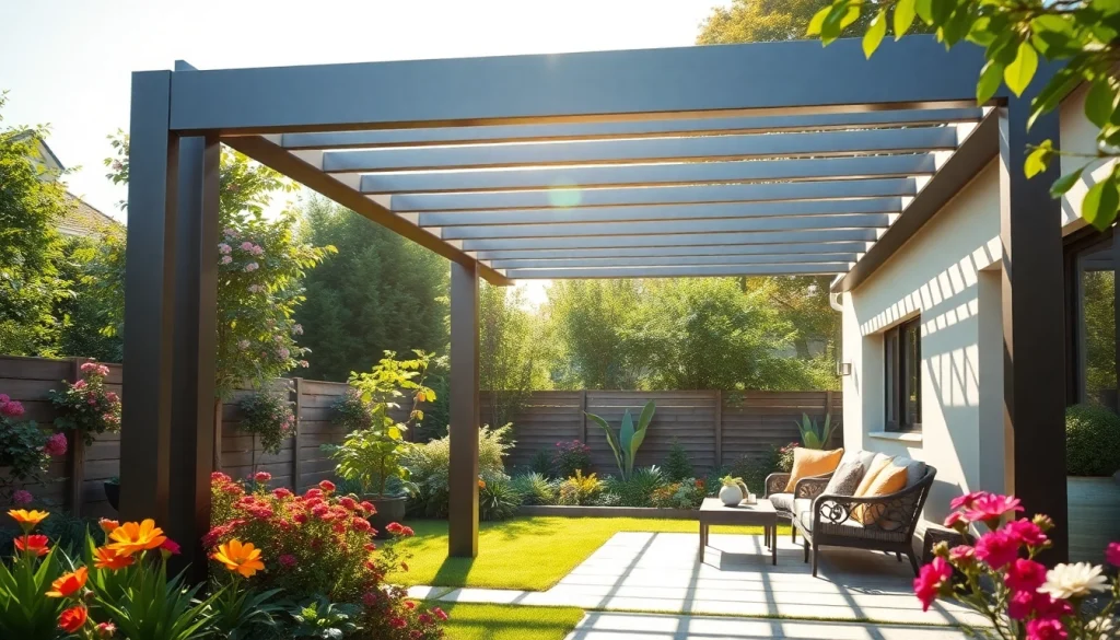 Modern steel pergola providing stylish shade in a vibrant garden setting.