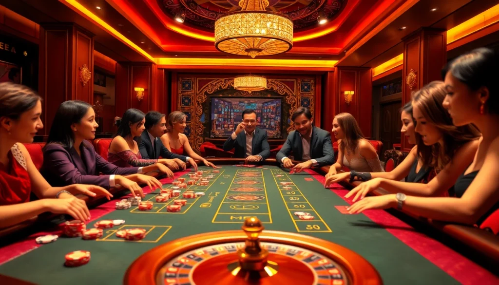 Players enjoying a dynamic game at the VUA99 casino table, surrounded by vibrant chips and luxury decor.