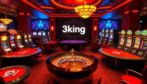 Experience the vibrant action of 3king casino with players at roulette and poker tables.