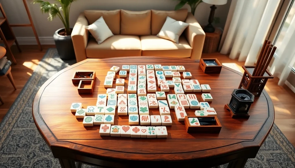 Mahjong permainan yang menarik dengan ubin berwarna-warni di atas meja kayu