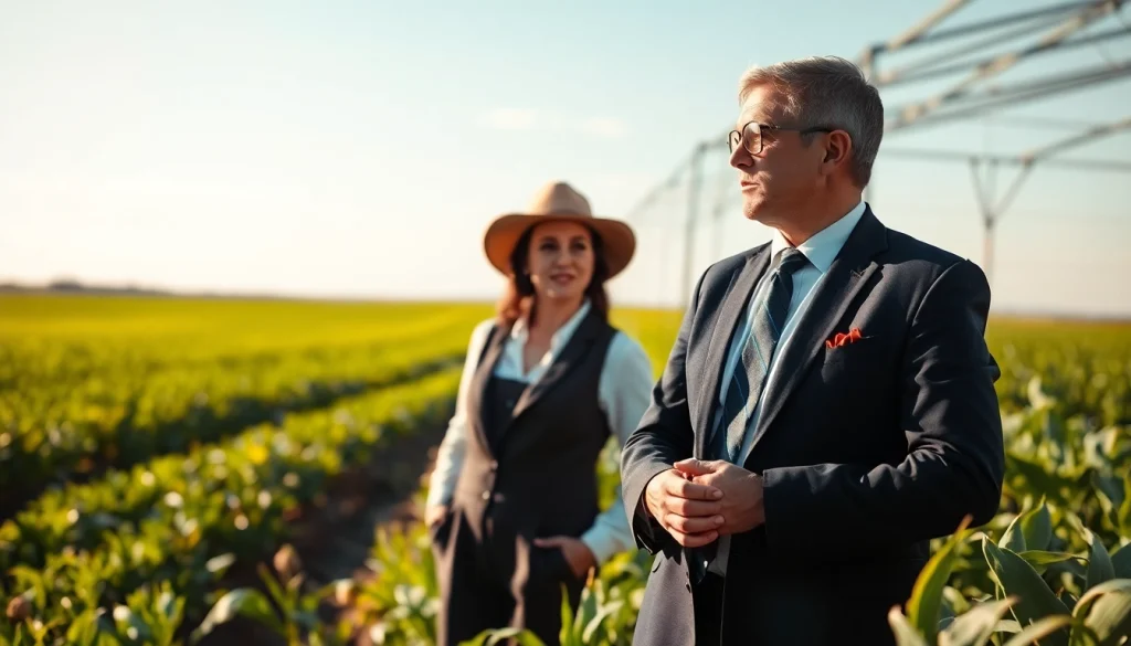 Agriculture lawyer advising farmers in a lush field, showcasing legal expertise and support.