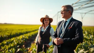 Agriculture lawyer advising farmers in a lush field, showcasing legal expertise and support.