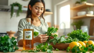 新鮮な野菜と健康的なライフスタイルが広がる温かなキッチンでの葉酸サプリのクローズアップ