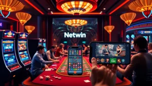 Excitement in a luxurious casino space featuring Netwin online gaming tables and slot machines.