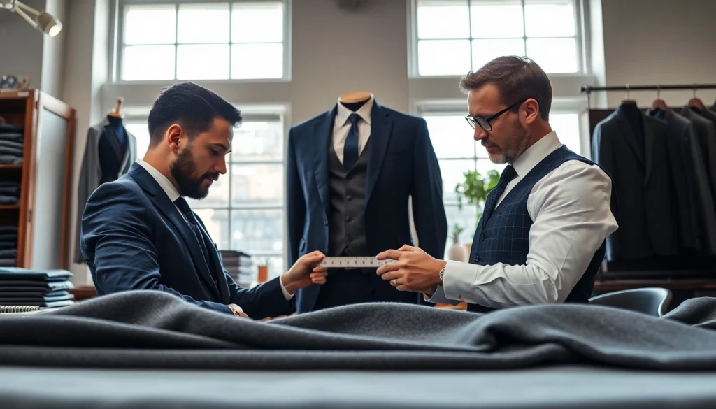 Crafting tailor made bespoke suits, a tailor at work measuring a client with luxurious fabrics.