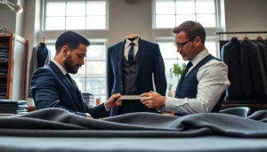 Crafting tailor made bespoke suits, a tailor at work measuring a client with luxurious fabrics.