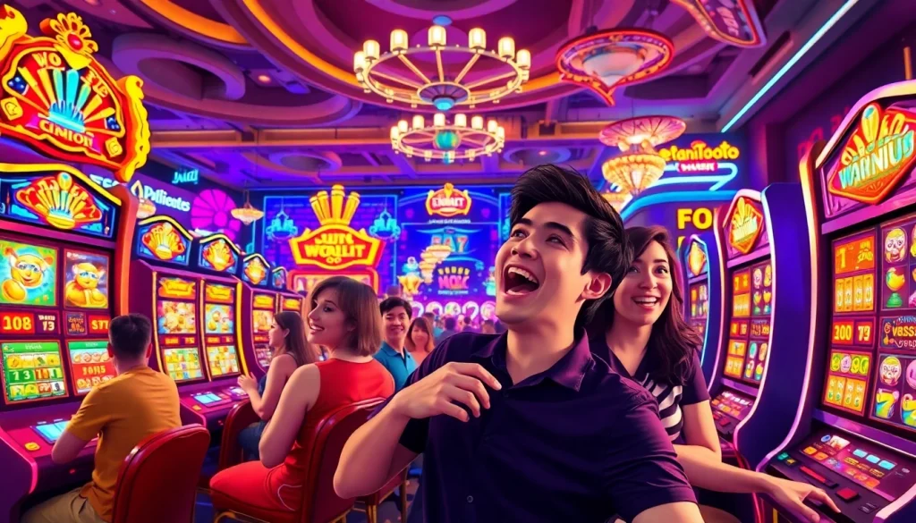 Mainkan petanitoto dengan pemain bahagia di kasino yang berwarna-warni dan ceria.