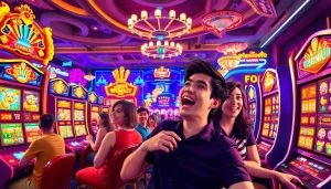 Mainkan petanitoto dengan pemain bahagia di kasino yang berwarna-warni dan ceria.