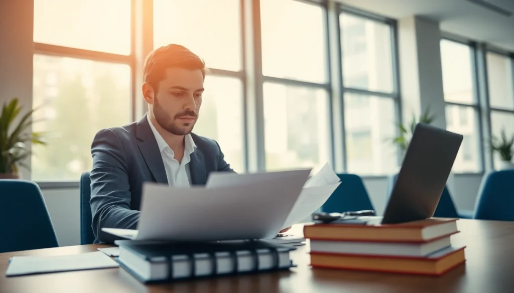 Beëdigd vertaler translating documents in a professional office setting.