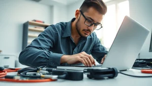 Technician performing computer service on a laptop in a modern workspace.