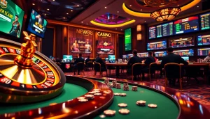 Experience the thrill of NEW88 Trang chủ with an exciting casino scene featuring roulette, poker chips, and digital betting options.