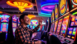 Menang dengan slot bet kecil, pemain merayakan di kasino dengan suasana meriah.